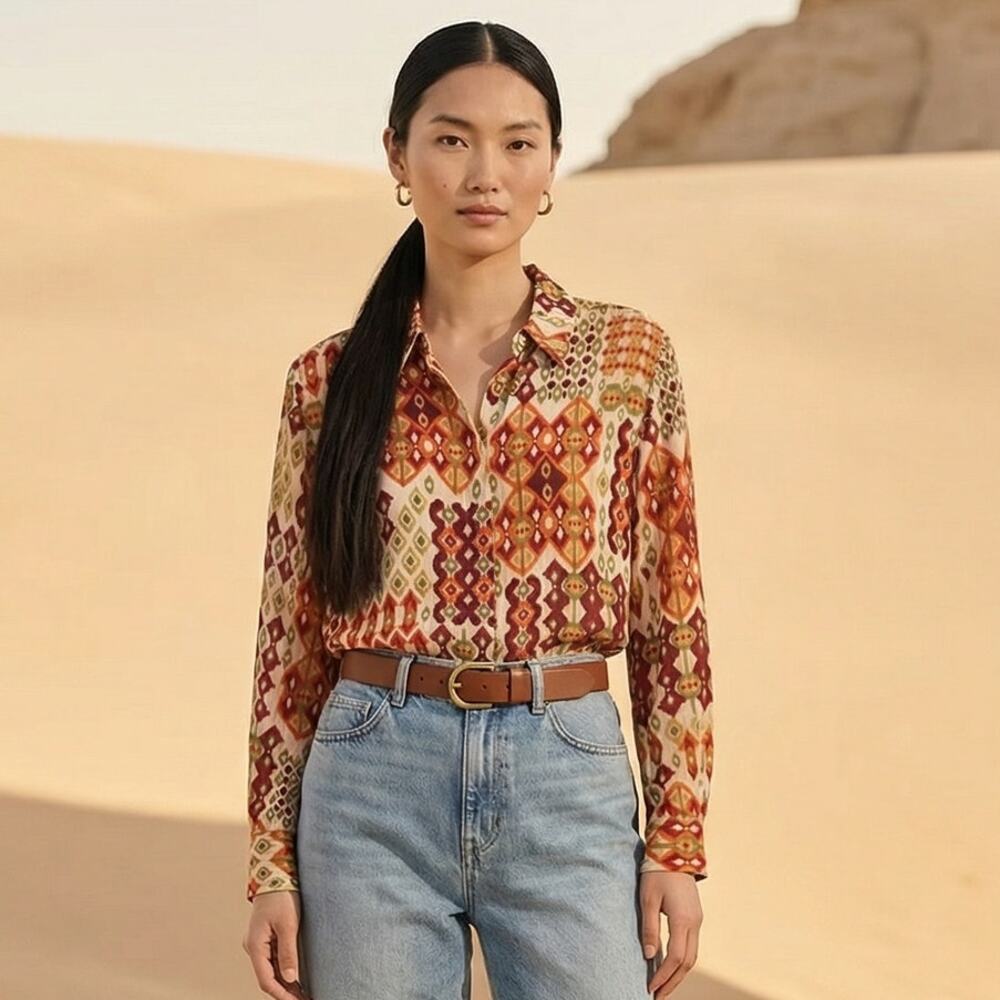 Vintage Norm Thompson Southwestern Sheer Blouse M | Lined Boho Button Front Top